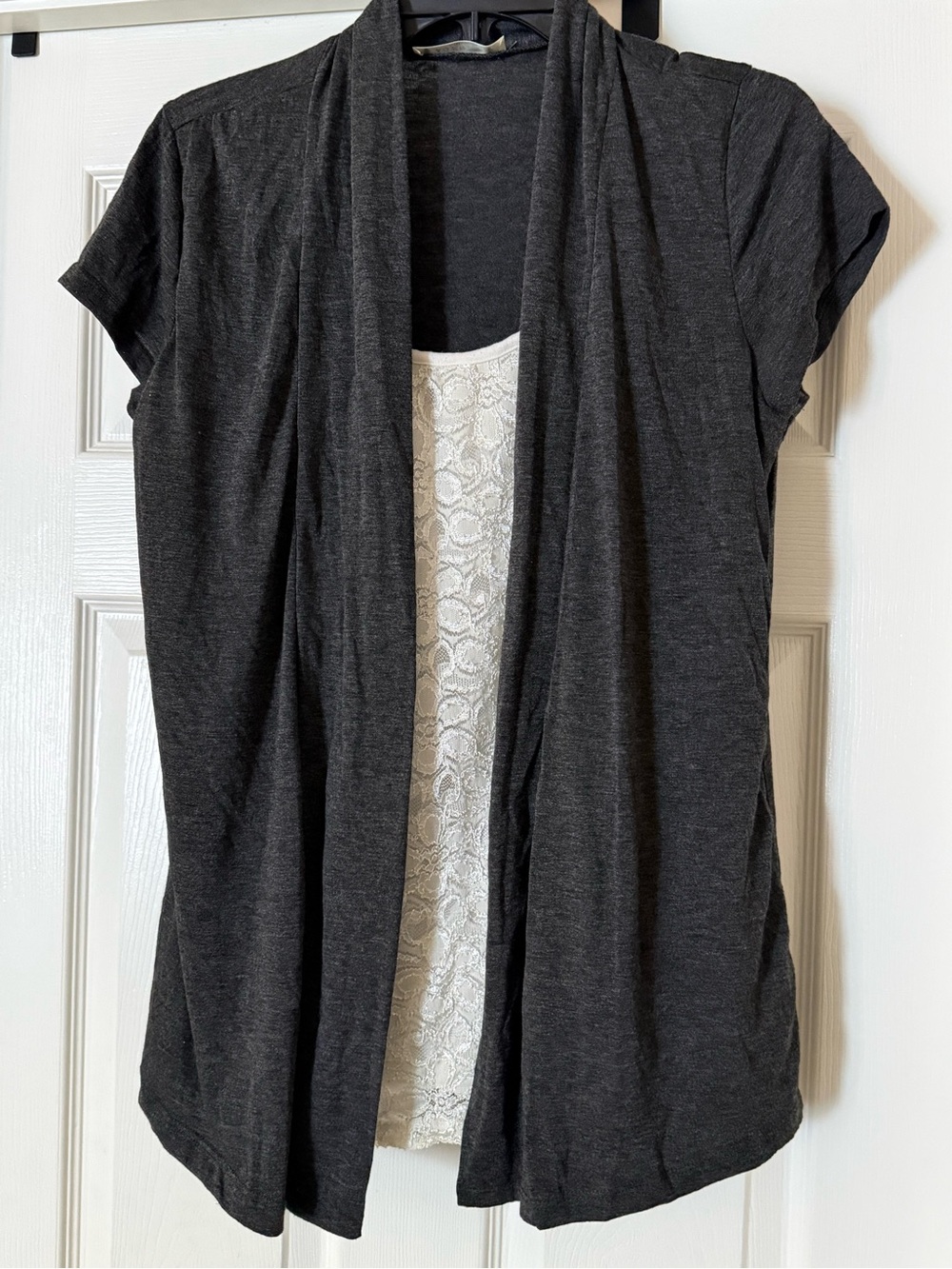 Agenda Charcoal Gray Open Front Cardigan with Cream Lace Panel